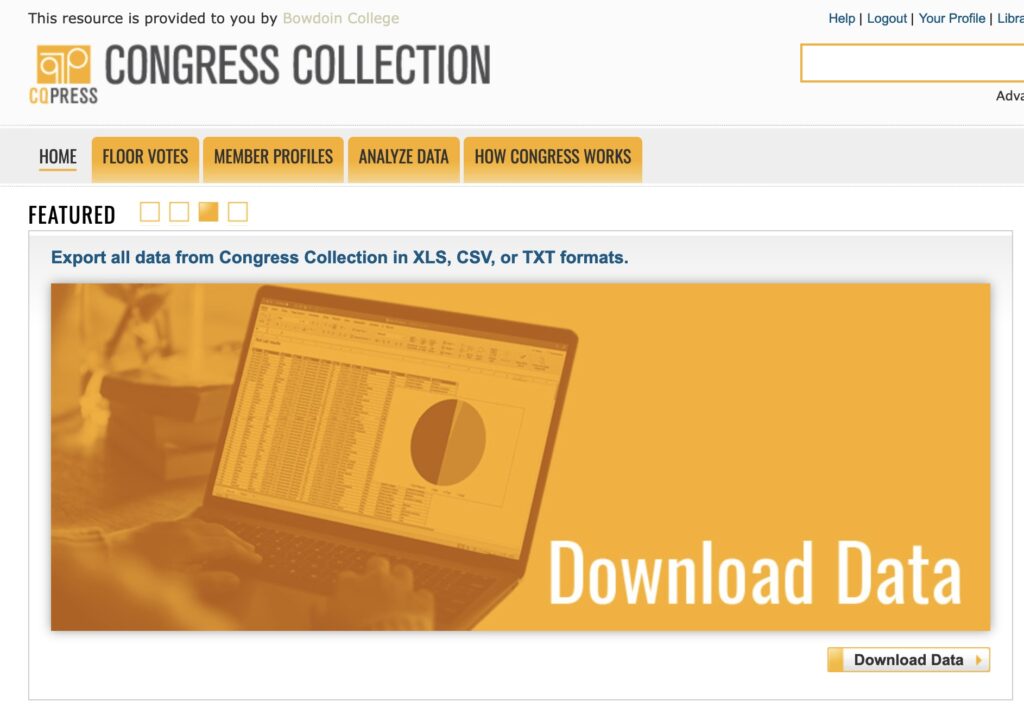 A screen capture of the CQ Congress Collection landing page, with tabs for "home," "floor votes," "member profiles," "analyze data," and "how Congress works." The featured image is of a computer with charts on it, with the text "Export all data from Congress Collection in XLS, CSV, or TXT formats"